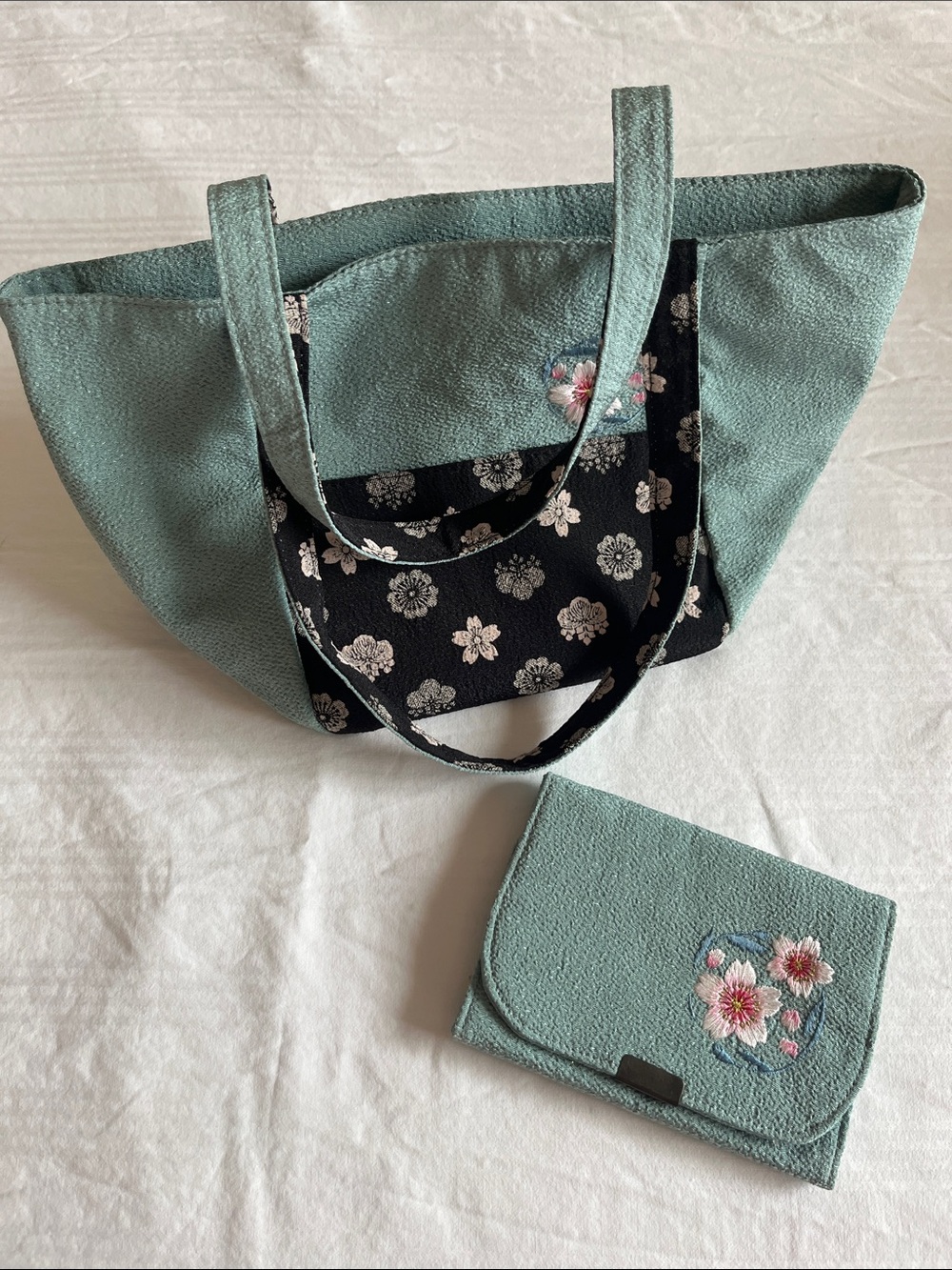 Handmade Japanese Satchel Soft Turquoise Pink Embroidered Floral Purse & Wallet